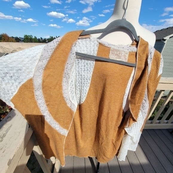 NICK & MO GOLDEN MUSTARD YELLOW RIBBED CARDIGAN W LACE & CROCHET LACE, sz M/L - Picture 6 of 16